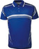 A blue unisex polo shirt with white gradient stripes and a collar, featuring a logo on the chest.