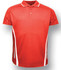A red unisex polo shirt with white side accents and a collar. The shirt features a branding logo.