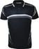 A black polo shirt featuring white stripes and a collar. Includes a logo on the fabric.