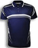 A navy blue polo shirt featuring white stripes and a logo, designed for kids.
