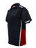 A black polo shirt featuring red and white panel accents. Includes a collar and short sleeves, with a logo present.