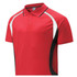A red unisex adult sports panel polo shirt with white and black accents. It features a collar and a logo.