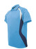 A blue unisex polo shirt featuring a navy panel and a logo on the side.