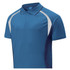A blue unisex polo shirt featuring white and navy panels, with a collar and buttons. It has a logo on the chest.