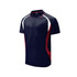 A navy polo shirt with red and white accents, featuring a branded logo on the chest.