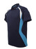 A navy blue polo shirt with light blue accents and a logo, featuring a classic collar and short sleeves.