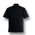 A black short sleeve polo shirt featuring a collar and a logo on the front.