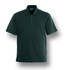 A dark green short sleeve polo shirt with a collar and button placket, featuring a logo.