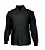 A long sleeve polo shirt in plain black, featuring a collar and button placket, with a logo on the chest.