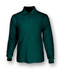 A long sleeve polo shirt in a deep green colour, featuring a three-button placket and a logo on the chest.