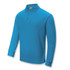 A long sleeve polo shirt in vibrant blue with a collar and a logo.