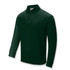 A dark green long sleeve polo shirt with a collar and button placket, featuring a branding logo.