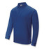 A blue long sleeve polo shirt with a collar, featuring buttons and a logo on the label.