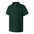 A dark green short sleeve polo shirt featuring a collar and three buttons, with a logo on one side.