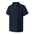 A short sleeve polo shirt in navy blue with three buttons and a collar, featuring a logo.