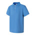A short sleeve polo shirt in a vibrant blue colour, featuring a collar and three buttons. It has a logo on it.