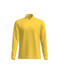 A long sleeve polo shirt in bright yellow with a collar and a logo on the chest.