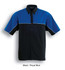 Short-sleeved button-up shirt in black and royal blue, featuring a pocket and logo branding.