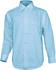 A light blue long sleeve button-up school shirt with a pocket and a collar. It features a logo on the fabric.