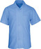 A light blue button-up school shirt with a pointed collar and a chest pocket, featuring a logo.