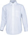 A white long sleeve button-up shirt with a chest pocket and a collar. It features a branding logo.