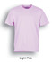 A light pink plain cotton T-shirt with a crew neckline and short sleeves, featuring a logo.