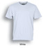 A plain white cotton tee shirt with a round neck and short sleeves, featuring a logo on the inner label.