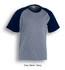 A unisex raglan sleeve tee shirt in grey marle and navy, featuring contrasting sleeves and a logo.