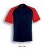 A unisex adults raglan sleeve tee shirt featuring navy fabric with red sleeves and a logo on the neckline.