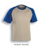 A unisex raglan sleeve tee shirt in sandstone with royal blue sleeves. The shirt features a logo.