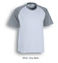 Unisex adult raglan sleeve T-shirt in white with grey marle sleeves, featuring a logo.