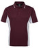 A burgundy polo shirt with white side accents and a collar, featuring a logo on the chest.