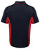 A navy polo shirt with red accents and a logo on the back. Simple design suitable for various occasions.