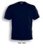 A navy T-shirt with gold accents on the shoulders, featuring a logo.
