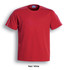 A red unisex round neck t-shirt with white detailing and short sleeves, featuring a logo.