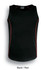 A black singlet with red accents and stitching, featuring a logo at the neckline.