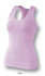 A pink ladies gym singlet with a scoop neck and a racerback design. Features a small logo on the label.