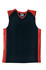 A black and red men’s basketball singlet with a v-neck and sleeveless design. It features a logo on the front.