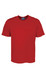 A plain red unisex micromesh T-shirt featuring a logo on the label.