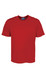 A red micromesh T-shirt with a round neckline and short sleeves, featuring a logo on the label.