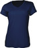 A navy blue women's brushed V-neck T-shirt featuring a seamless design and a logo on the neckline.