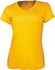 A yellow ladies brushed V-neck tee shirt with a fitted design and short sleeves, featuring a logo.
