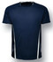 A navy blue unisex sports tee featuring white accents and short sleeves, with a branding logo visible.