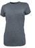 A grey ladies tee shirt with a classic crew neck and short sleeves, featuring a logo.