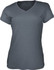 A grey ladies' V-neck tee shirt with short sleeves and a fitted design. It features a logo.