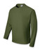 A long sleeve tee shirt in olive green with a crew neckline and a logo on the label.