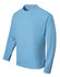 A long sleeve tee shirt in light blue with a round neckline and a logo on the label.