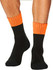 Hi-vis socks in black with bright orange ribbed cuffs, featuring a logo. Suitable for workwear.