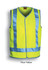 A fluro yellow unisex hi-vis vest with blue reflective tape and a logo.