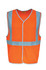 A hi-vis vest in bright orange with reflective blue crossing tape. It has a logo on it.